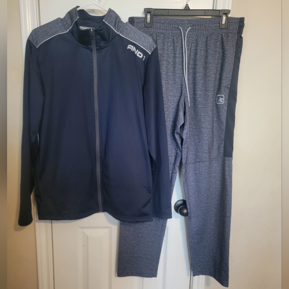 Men's AND1 athletic jacket and pants set, navy, black and gray spacedye, M